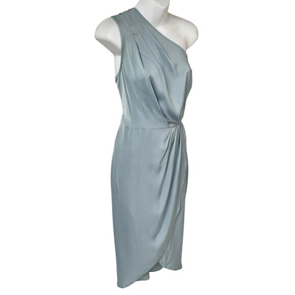 New Ruched Pale Blue Bodycon Dress Sz M One Shoulder Wrap Satin Cocktail Wedding - Picture 11 of 15